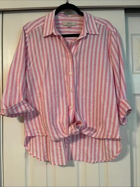 LOFT pink and white stripe button up